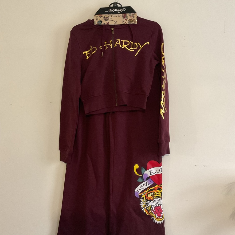 Ed Hardy Maroon Tracksuit with Tiger and Gold Accents